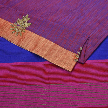 Indian Vintage Blue & Purple Saree Khadi Handloom Hand Embroidered Sari Craft Fabric 6yd Ethnic Fringes Dress making with blouse