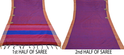 Indian Vintage Blue & Purple Saree Khadi Handloom Hand Embroidered Sari Craft Fabric 6yd Ethnic Fringes Dress making with blouse