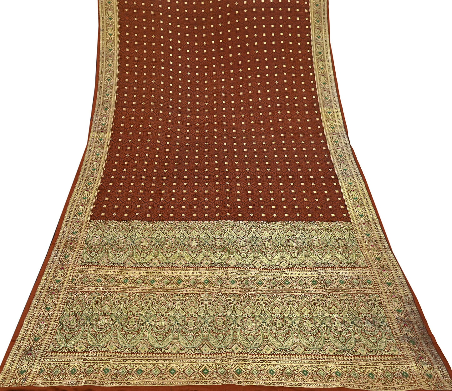 Vintage Rusty Orange Banarasi Silk Saree Pure Satin Silk Handwoven Tanchoi Fabric with Paisley Weave 5 Yard Dressmaking Craft Material