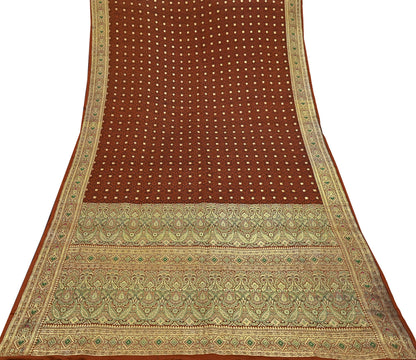 Vintage Rusty Orange Banarasi Silk Saree Pure Satin Silk Handwoven Tanchoi Fabric with Paisley Weave 5 Yard Dressmaking Craft Material