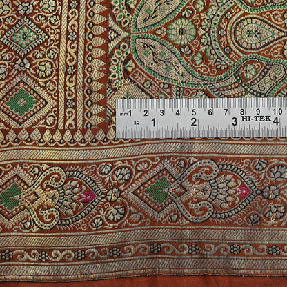 Vintage Rusty Orange Banarasi Silk Saree Pure Satin Silk Handwoven Tanchoi Fabric with Paisley Weave 5 Yard Dressmaking Craft Material