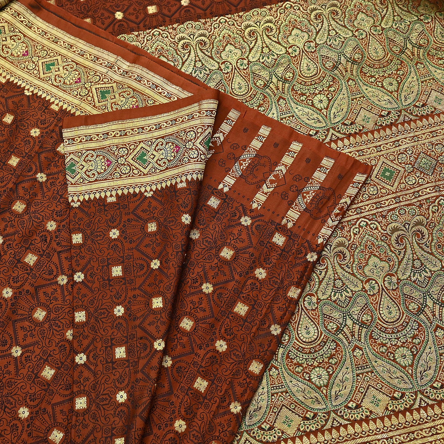 Vintage Rusty Orange Banarasi Silk Saree Pure Satin Silk Handwoven Tanchoi Fabric with Paisley Weave 5 Yard Dressmaking Craft Material