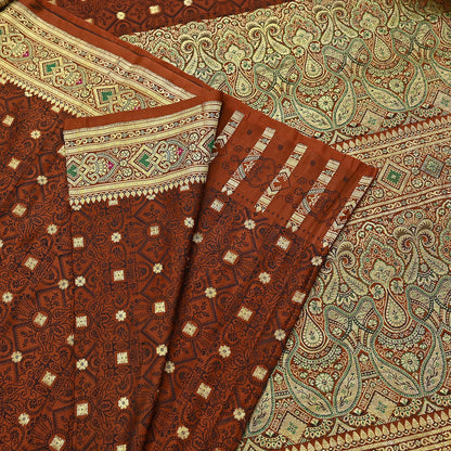 Vintage Rusty Orange Banarasi Silk Saree Pure Satin Silk Handwoven Tanchoi Fabric with Paisley Weave 5 Yard Dressmaking Craft Material