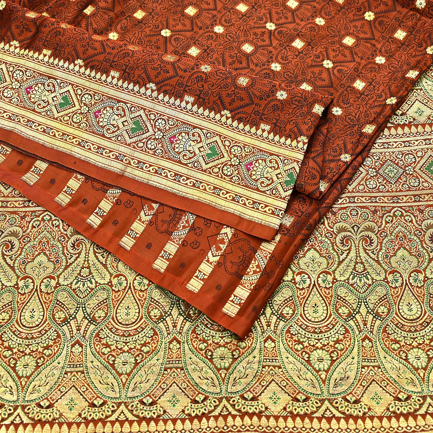 Vintage Rusty Orange Banarasi Silk Saree Pure Satin Silk Handwoven Tanchoi Fabric with Paisley Weave 5 Yard Dressmaking Craft Material