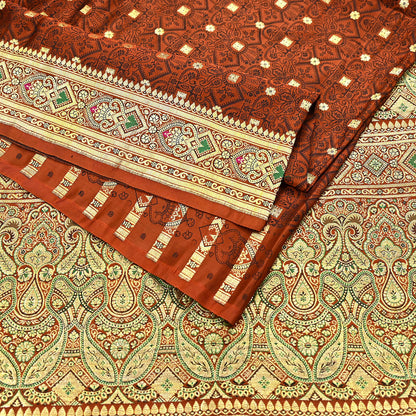 Vintage Rusty Orange Banarasi Silk Saree Pure Satin Silk Handwoven Tanchoi Fabric with Paisley Weave 5 Yard Dressmaking Craft Material