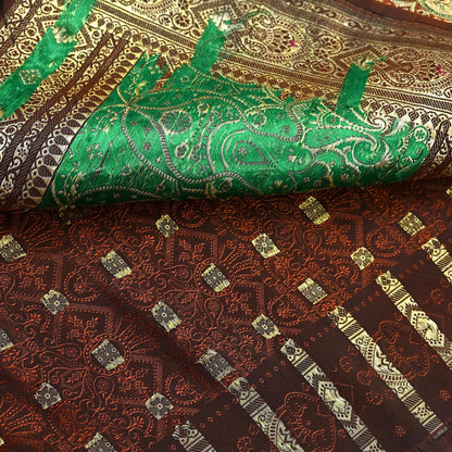 Vintage Rusty Orange Banarasi Silk Saree Pure Satin Silk Handwoven Tanchoi Fabric with Paisley Weave 5 Yard Dressmaking Craft Material