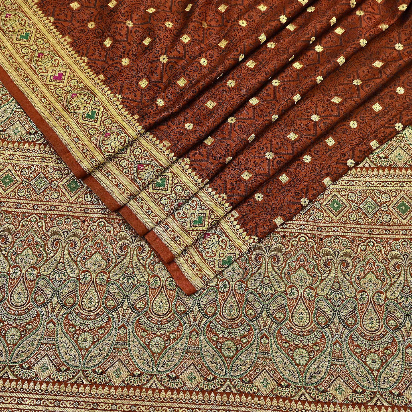 Vintage Rusty Orange Banarasi Silk Saree Pure Satin Silk Handwoven Tanchoi Fabric with Paisley Weave 5 Yard Dressmaking Craft Material