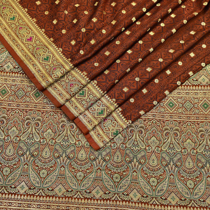 Vintage Rusty Orange Banarasi Silk Saree Pure Satin Silk Handwoven Tanchoi Fabric with Paisley Weave 5 Yard Dressmaking Craft Material