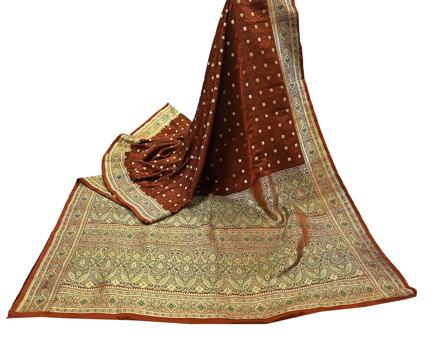 Vintage Rusty Orange Banarasi Silk Saree Pure Satin Silk Handwoven Tanchoi Fabric with Paisley Weave 5 Yard Dressmaking Craft Material