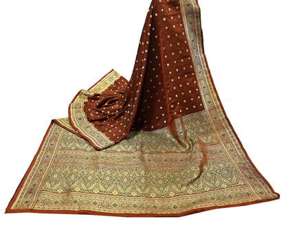 Vintage Rusty Orange Banarasi Silk Saree Pure Satin Silk Handwoven Tanchoi Fabric with Paisley Weave 5 Yard Dressmaking Craft Material