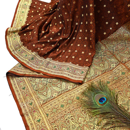 Vintage Rusty Orange Banarasi Silk Saree Pure Satin Silk Handwoven Tanchoi Fabric with Paisley Weave 5 Yard Dressmaking Craft Material