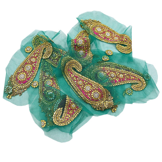 Indian Vintage Pink & Green Net Hand-Embroidered Appliques Set of 2, Zardozi, Dabka, Bead Work Floral Patches for Crafts, Journals 8.5x3.5"