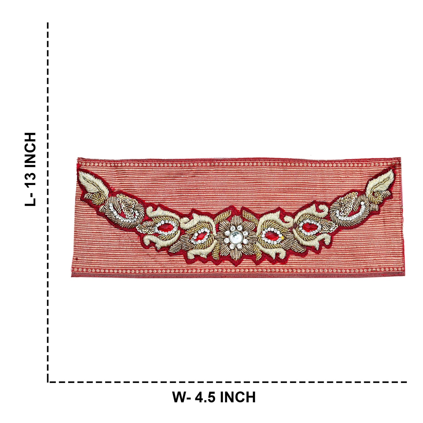 Indian Vintage Red Chanderi Appliques  Set of 2 | Hand-Embroidered Floral Patches with Zardozi,Dabka, Zari,for Craft, Journals 13x4.5"