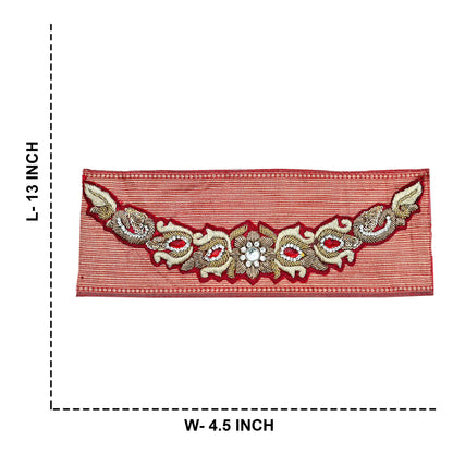 Indian Vintage Red Chanderi Appliques  Set of 2 | Hand-Embroidered Floral Patches with Zardozi,Dabka, Zari,for Craft, Journals 13x4.5"