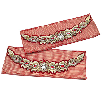 Indian Vintage Red Chanderi Appliques  Set of 2 | Hand-Embroidered Floral Patches with Zardozi,Dabka, Zari,for Craft, Journals 13x4.5"