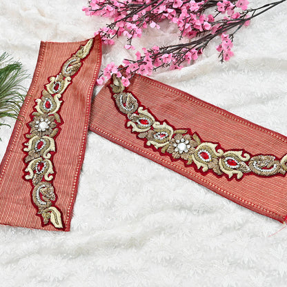 Indian Vintage Red Chanderi Appliques  Set of 2 | Hand-Embroidered Floral Patches with Zardozi,Dabka, Zari,for Craft, Journals 13x4.5"