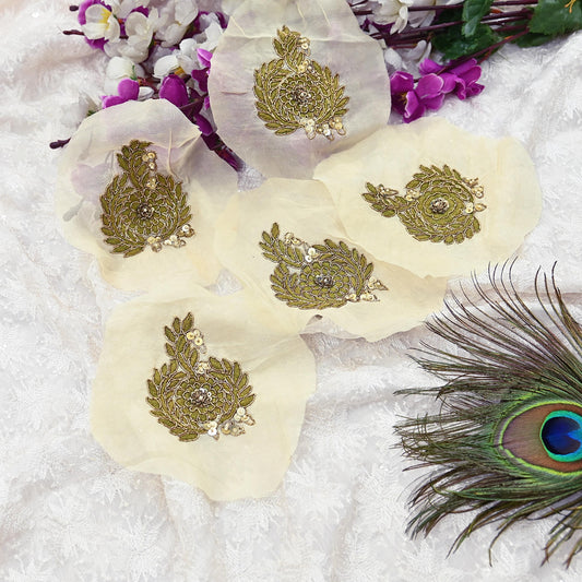 Indian Vintage Ivory Pure Georgette Silk Appliques Set of 5 Hand-Embroidered Floral Patches with Zardozi, Dabka, for Craft, Journals 4x3"