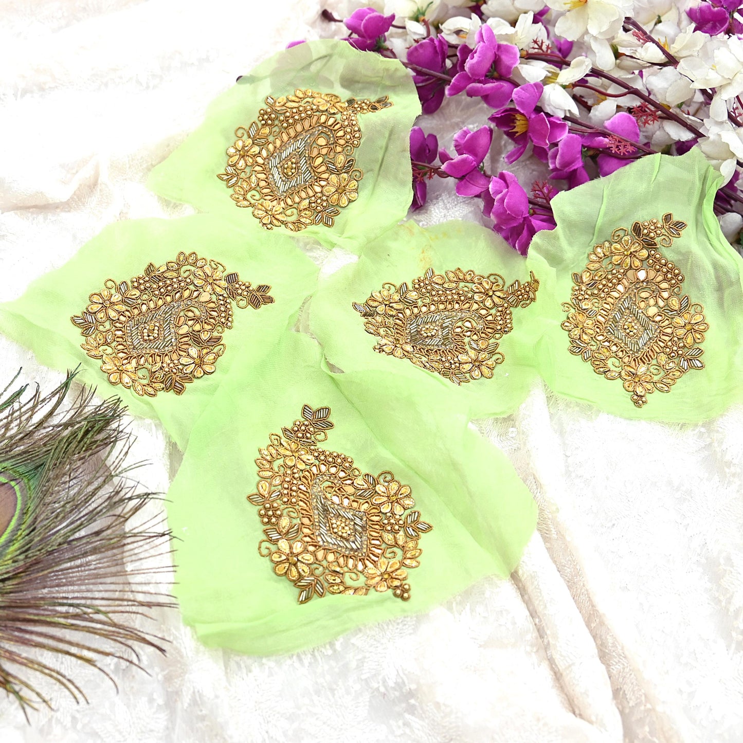 Indian Vintage Green Pure Georgette Silk Appliques Set of 5 Hand-Embroidered Patches with Zardozi, Dabka ,for Craft Journals 5x3.5"