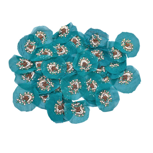 Indian Vintage Green Pure Georgette Silk Appliques Set of 5 Hand-Embroidered Floral Patches with Zardozi, Dabka ,for Craft, Journals 2.5x2"