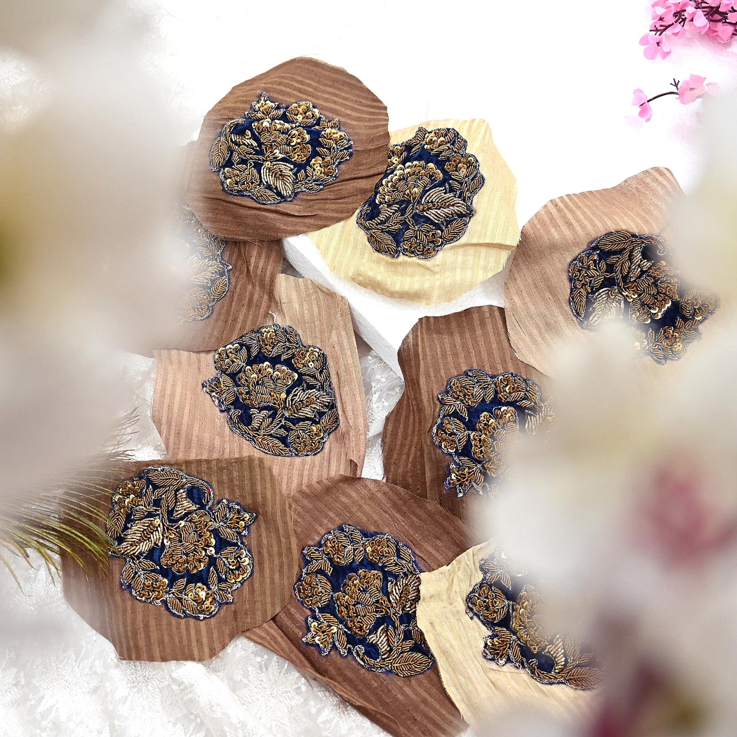 Indian Vintage Blue Velvet Appliques  Set of 9 | Hand-Embroidered Floral Patches with Zardozi, Dabka, for Craft, Journals