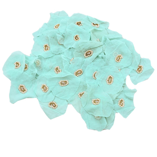 Indian Vintage Green Pure Georgette Silk Appliques Set of 10 Hand-Embroidered Floral Patches with Zardozi, Dabka ,for Craft Journals 1.5x1"