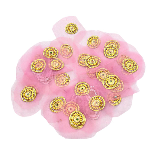 Indian Vintage Pink Net Hand-Embroidered Appliques Set of 10, Zardozi, Dabka, Bead Work  Floral Patches for Crafts, Journals 1x1"