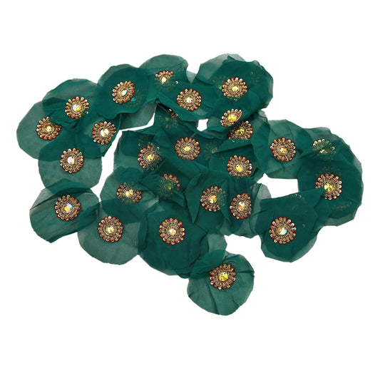 Indian Vintage Green Pure Georgette Silk Appliques Set of 9 Hand-Embroidered Floral Patches with Zardozi, Dabka for Craft Journals 1.2x1.2"