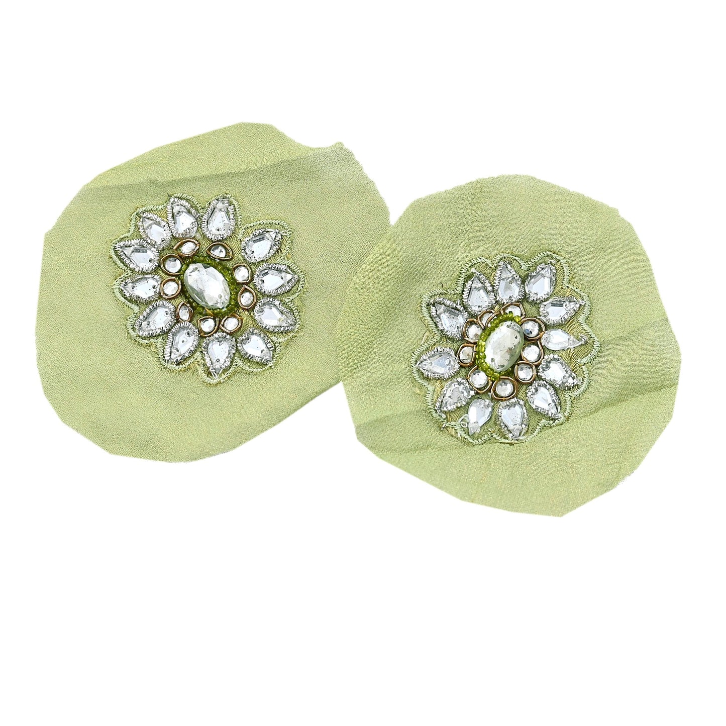 Indian Vintage Green Pure Georgette Silk Appliques Set of 5 Hand-Embroidered Patches with Zardozi, Dabka ,for Craft Journals 2x2"