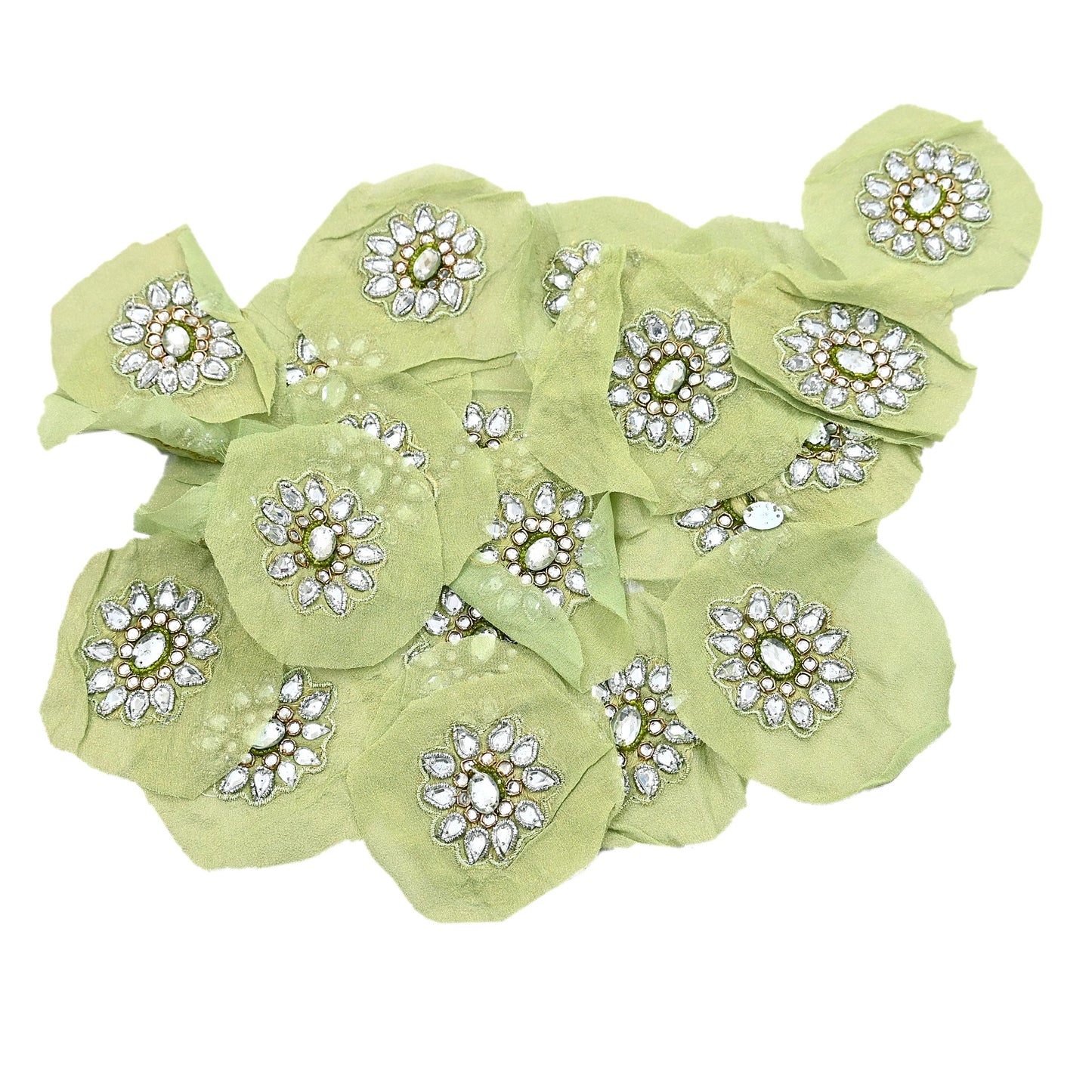 Indian Vintage Green Pure Georgette Silk Appliques Set of 5 Hand-Embroidered Patches with Zardozi, Dabka ,for Craft Journals 2x2"