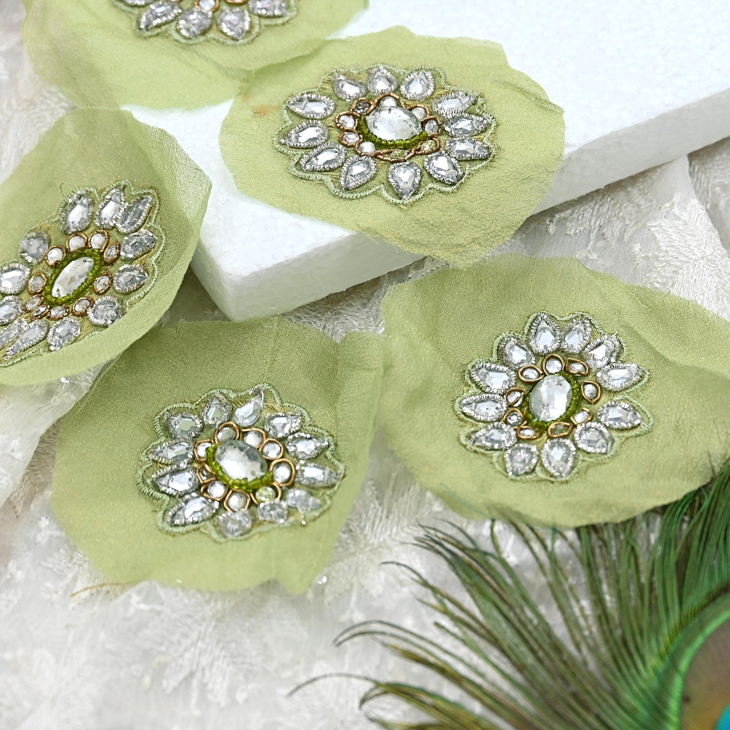 Indian Vintage Green Pure Georgette Silk Appliques Set of 5 Hand-Embroidered Patches with Zardozi, Dabka ,for Craft Journals 2x2"