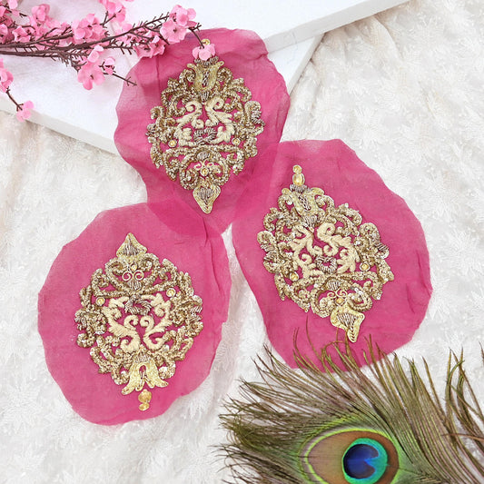 Indian Vintage Pink Pure Georgette Silk Appliques Set of 3 Hand-Embroidered Floral Patches with Zardozi, Dabka, for Craft, Journals 6x4"