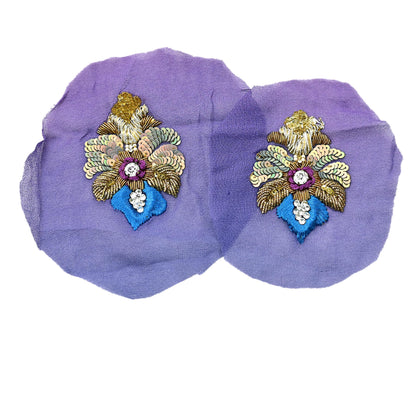 Indian Vintage Purple & Blue Pure Georgette Silk Appliques Set of 6 Hand-Embroidered Patches with Zardozi, Dabka ,for Craft Journals 3x2.5"