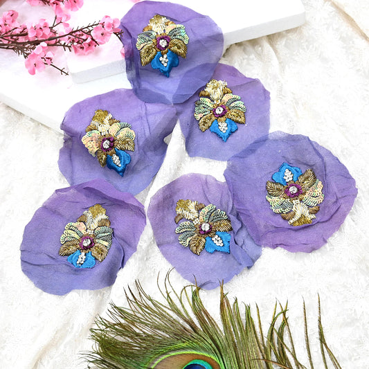 Indian Vintage Purple & Blue Pure Georgette Silk Appliques Set of 6 Hand-Embroidered Patches with Zardozi, Dabka ,for Craft Journals 3x2.5"
