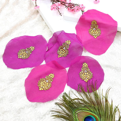 Indian Vintage Purple Pink Pure Georgette Silk Appliques Set of 10 Hand-Embroidered Patches with Zardozi Dabka for Craft Journals 2.5x1.5"