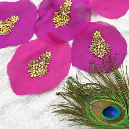 Indian Vintage Purple Pink Pure Georgette Silk Appliques Set of 10 Hand-Embroidered Patches with Zardozi Dabka for Craft Journals 2.5x1.5"