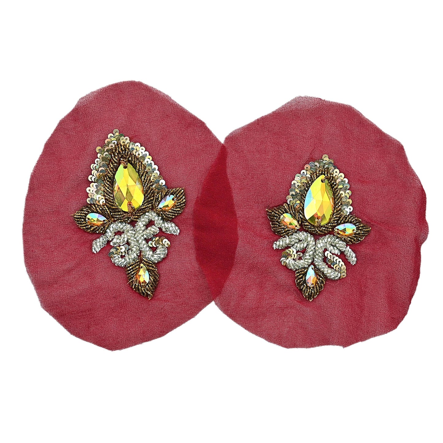 Indian Vintage Red Pure Georgette Silk Appliques Set of 5 Hand-Embroidered Patches with Zardozi, Dabka ,for Craft Journals 3.5x2.5"