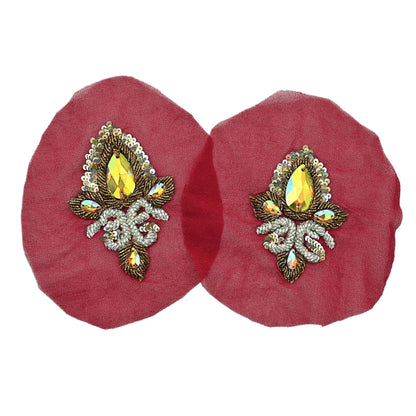 Indian Vintage Red Pure Georgette Silk Appliques Set of 5 Hand-Embroidered Patches with Zardozi, Dabka ,for Craft Journals 3.5x2.5"