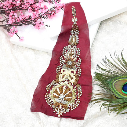 Indian Vintage Red Pure Georgette Silk Appliques Set of 1 Hand-Embroidered Patches with Zardozi, Dabka ,for Craft Journals 14.5x4"