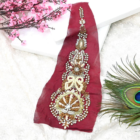 Indian Vintage Red Pure Georgette Silk Appliques Set of 1 Hand-Embroidered Patches with Zardozi, Dabka ,for Craft Journals 14.5x4"