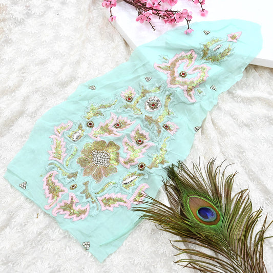 Indian Vintage Green Pure Georgette Silk Appliques Set of 1 Hand-Embroidered Floral Patches with Zardozi Dabka for Craft Journals 20.5x8.5"