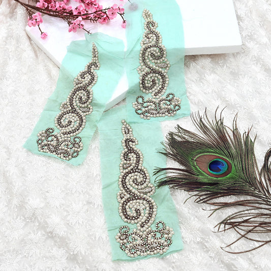 Indian Vintage Green Pure Georgette Silk Appliques Set of 3 Hand-Embroidered Floral Patches with Zardozi, Dabka ,for Craft Journals 9x3.5"