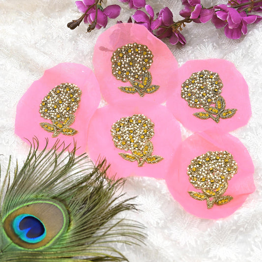 Indian Vintage Pink Pure Georgette Silk Appliques Set of 3 Hand-Embroidered Floral Patches with Zardozi, Dabka, for Craft, Journals 3x2"