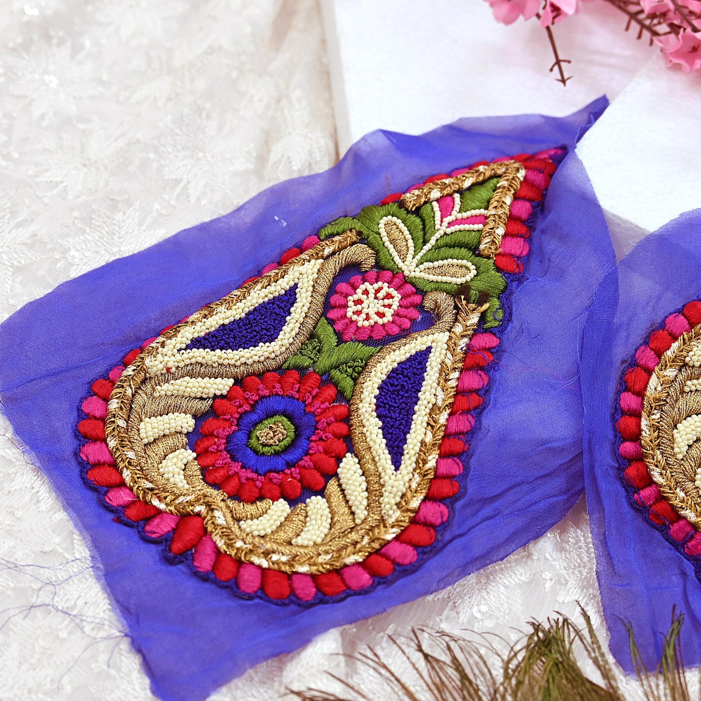 Indian Vintage Purple Georgette Appliques Set of 2 Hand-Embroidered Patches with Zardozi, Dabka ,for Craft Journals 8x4.5"