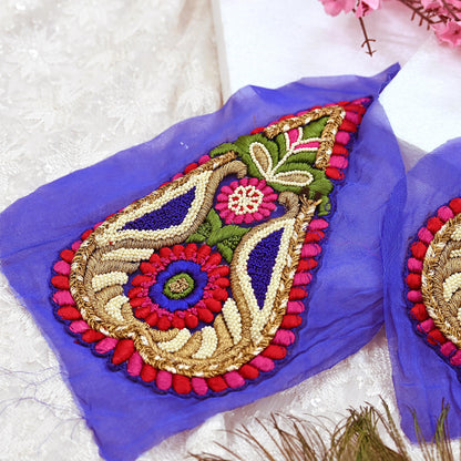 Indian Vintage Purple Georgette Appliques Set of 2 Hand-Embroidered Patches with Zardozi, Dabka ,for Craft Journals 8x4.5"