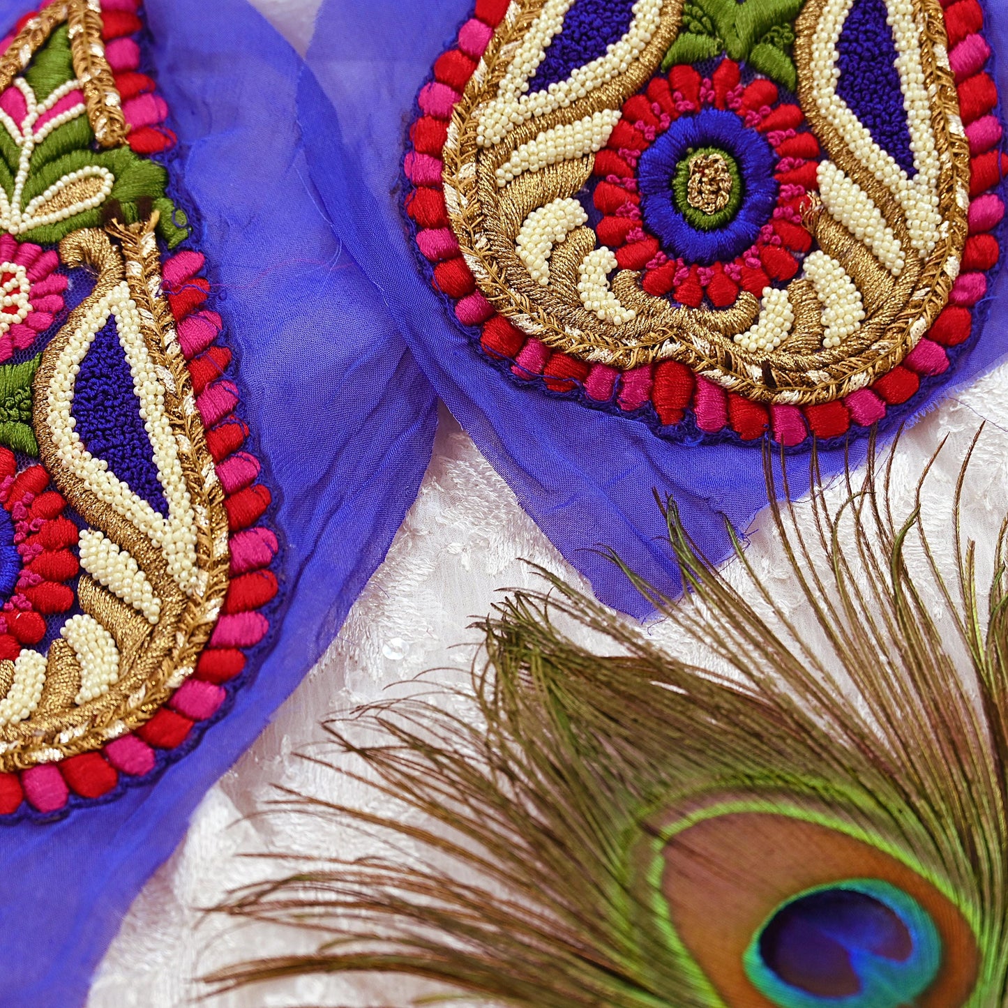 Indian Vintage Purple Georgette Appliques Set of 2 Hand-Embroidered Patches with Zardozi, Dabka ,for Craft Journals 8x4.5"