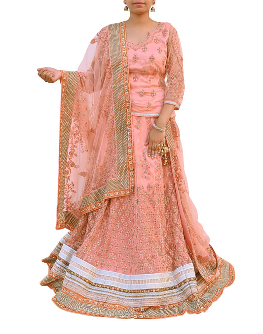 Sabyasachi Peach Bridal Lehenga Heavy Hand Embroidered Net 3pc Set Designer Wedding Lehenga Choli Dupatta Indian Bridal Wear