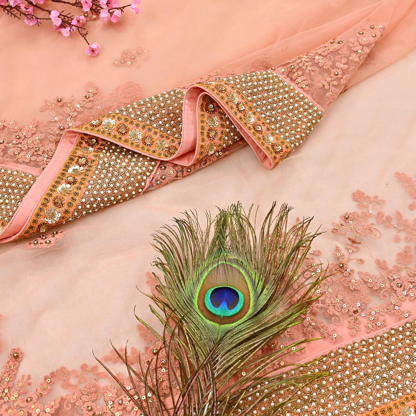 Indian Vintage Heavy Wedding Dupatta Peach Net Long Stole Hand Embroidered By Designer Sabyasachi Scarves Zardozi Bridal Veil