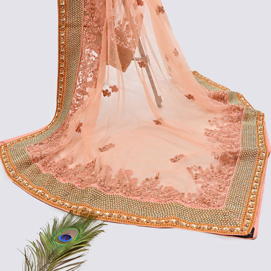 Indian Vintage Heavy Wedding Dupatta Peach Net Long Stole Hand Embroidered By Designer Sabyasachi Scarves Zardozi Bridal Veil