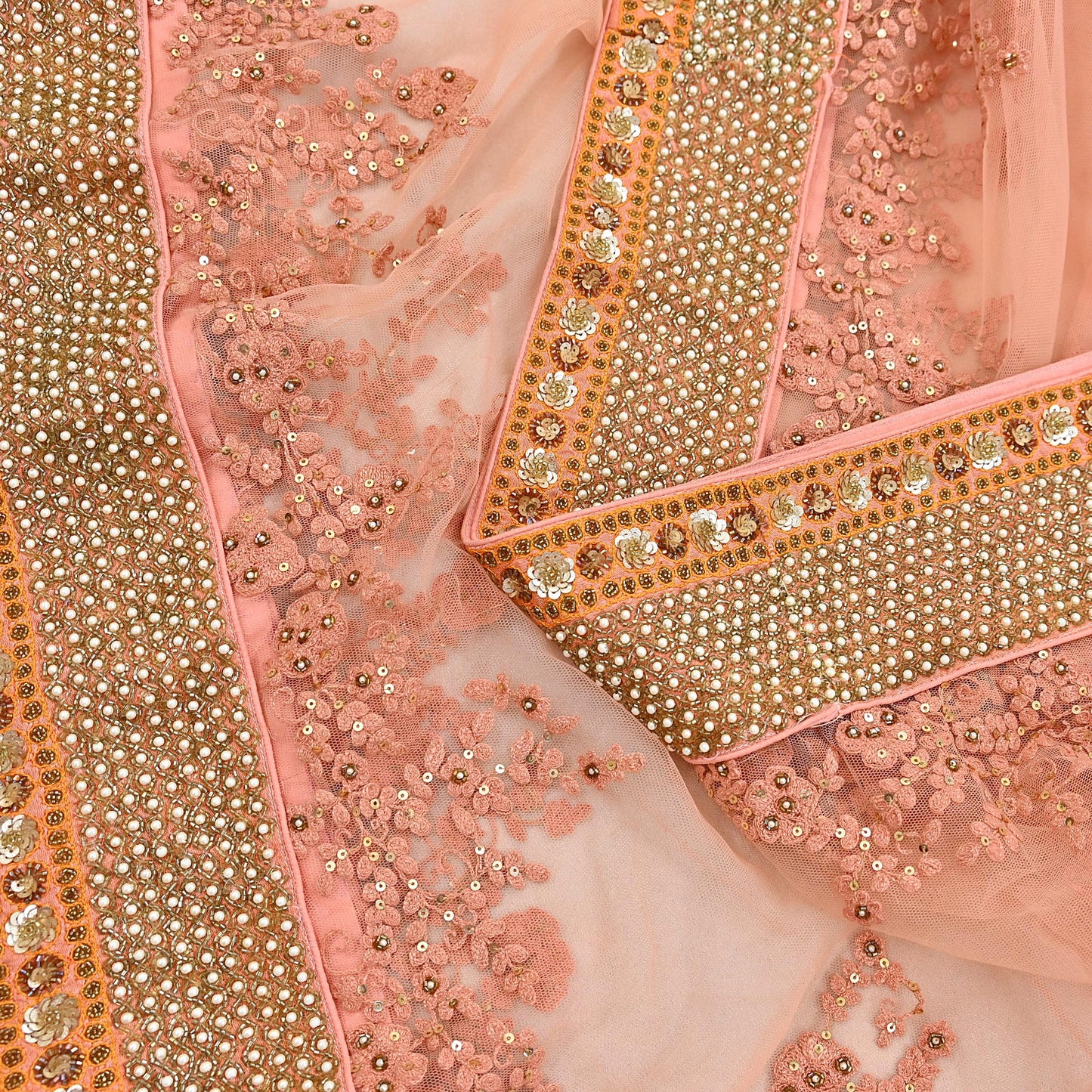 Indian Vintage Heavy Wedding Dupatta Peach Net Long Stole Hand Embroidered By Designer Sabyasachi Scarves Zardozi Bridal Veil