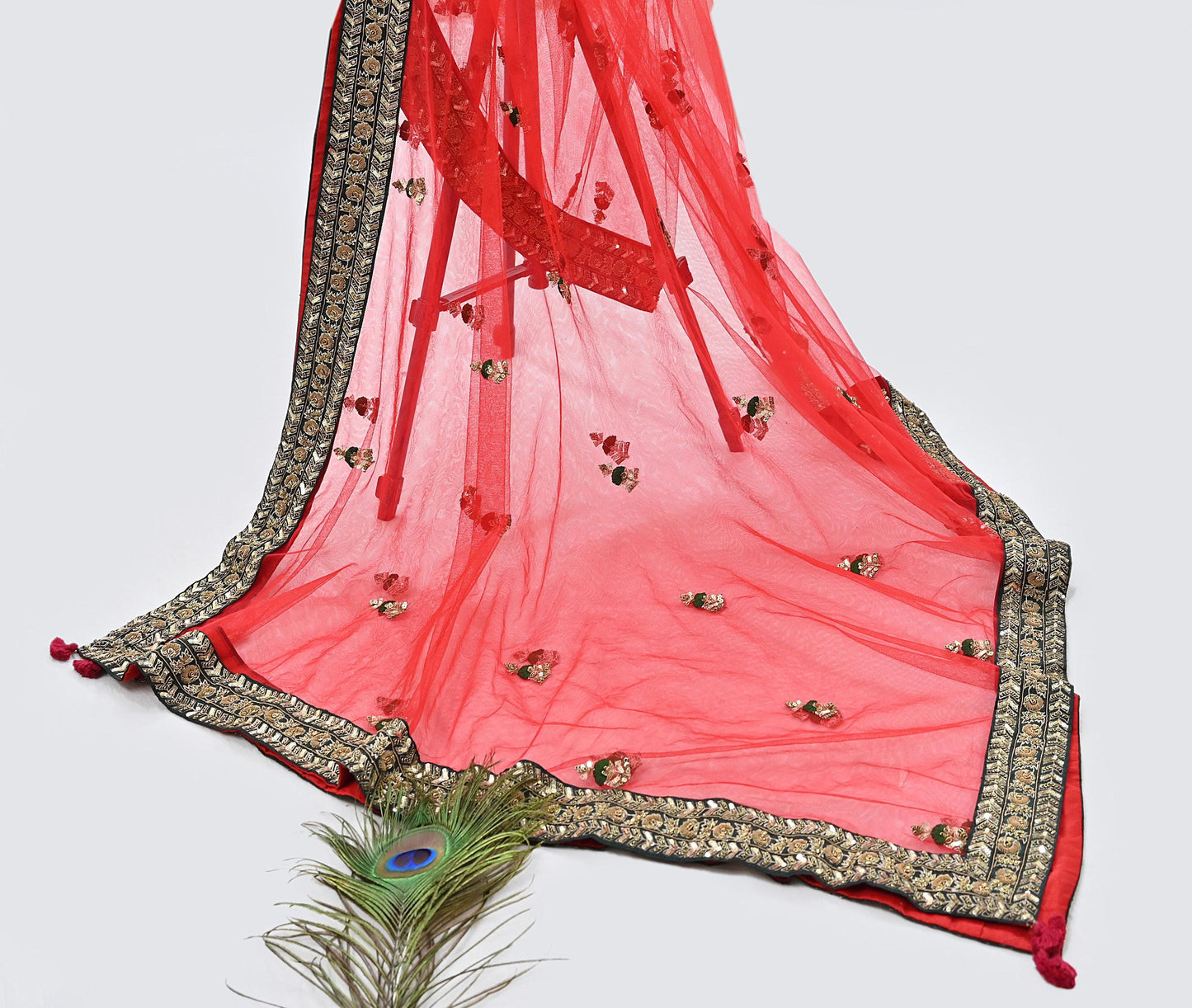 Indian Heavy Wedding Dupatta Red Net Long Stole Hand Embroidered By Designer Sabyasachi Scarves Zardozi Bridal Veil